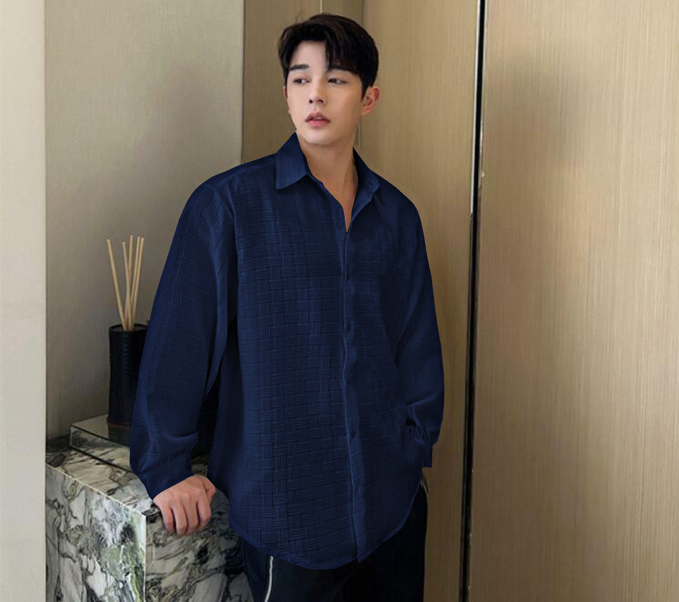 055d2.jpg Boxy Fit Imported Fabric Blue Men’s Shirt - Image 1