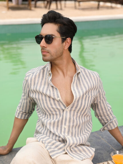 Ocean Blue Striped Pre-Washed Linen Cotton Premium Casual Shirt