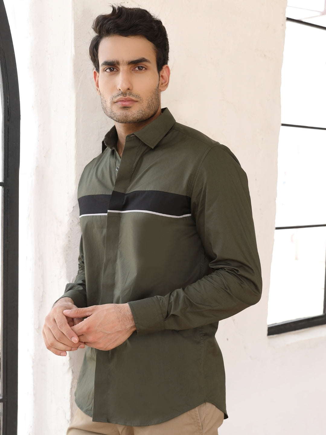 145.jpg Cedar Green Cut and Sew Cotton Modern Casual Shirt - Image 1