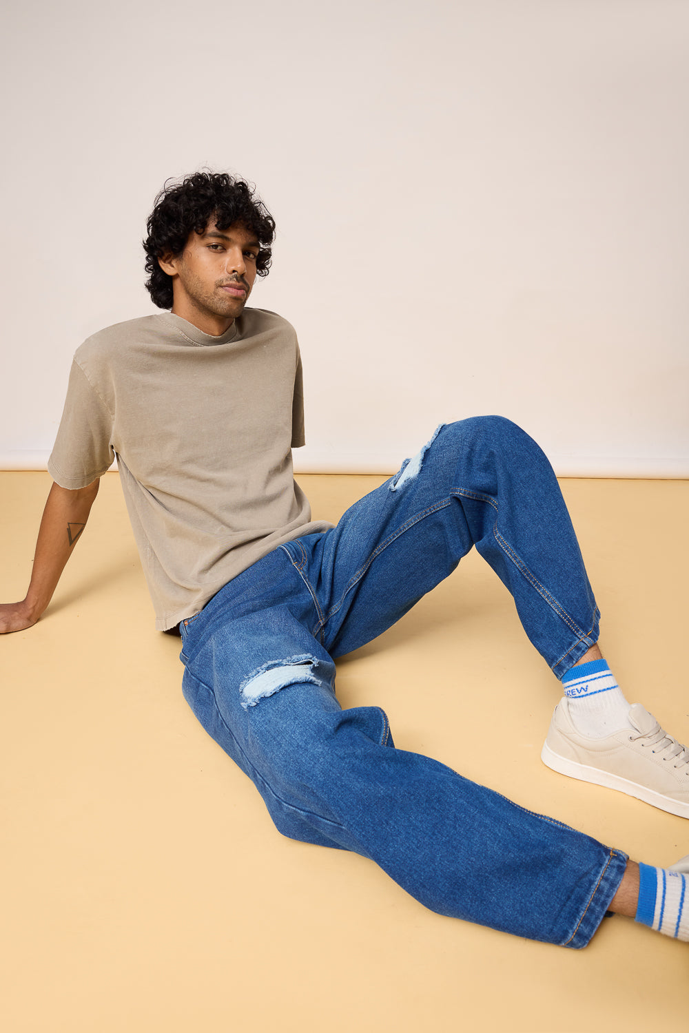 16julypart2_21610-Edit.jpg Mid Blue Rugged Distressed Street Style Wide Denim Jeans - Image 1