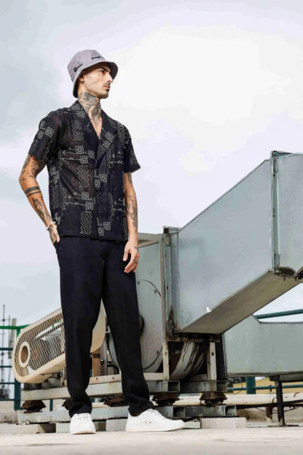 Black Linen Embroidered Notched Lapel Korean Shirt & All Day Pants Co-ord Set
