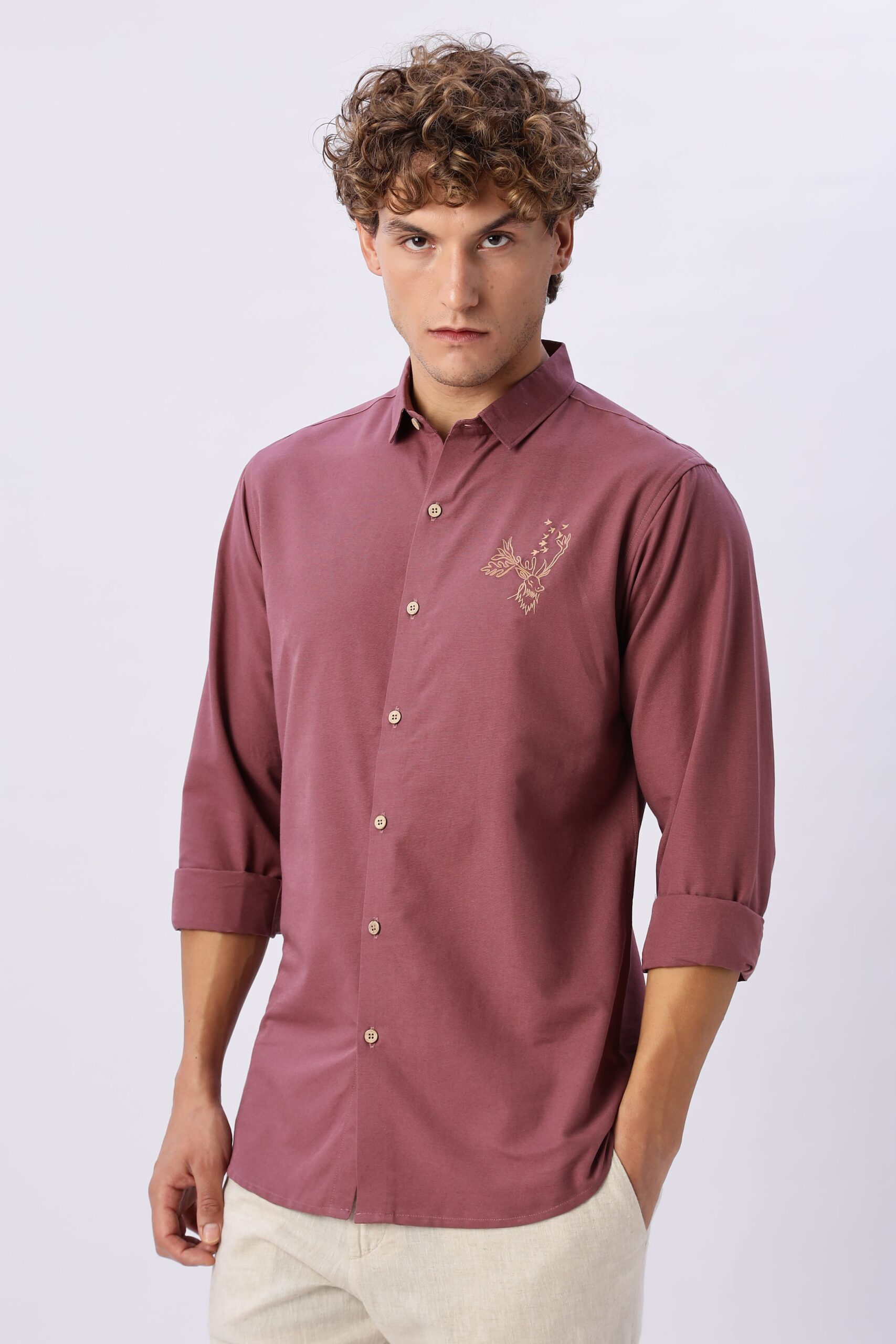 1L9A6689-scaled-1.jpg Arctic Reindeer Pink Playful Embroidered Cotton Shirt - Image 1
