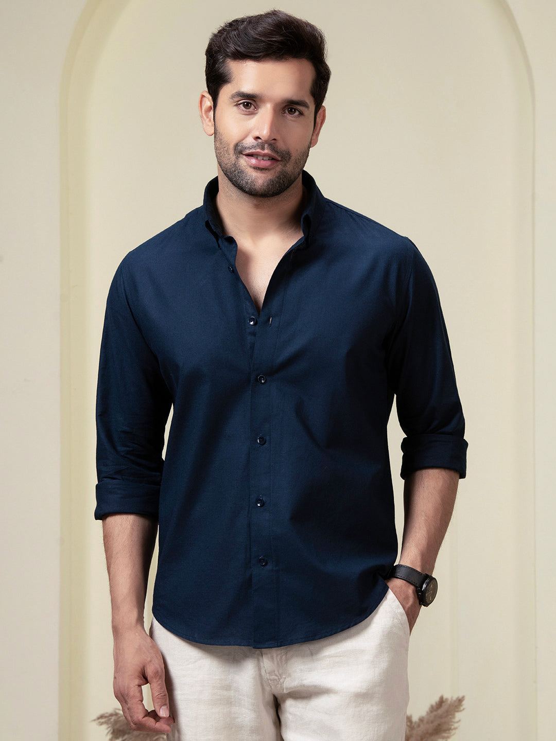 1_2_91348a23-5495-4560-832b-64bbb876bbab.jpg Navy Blue Pre-Washed Linen Blend Elegant Everyday Wear Shirt - Image 1