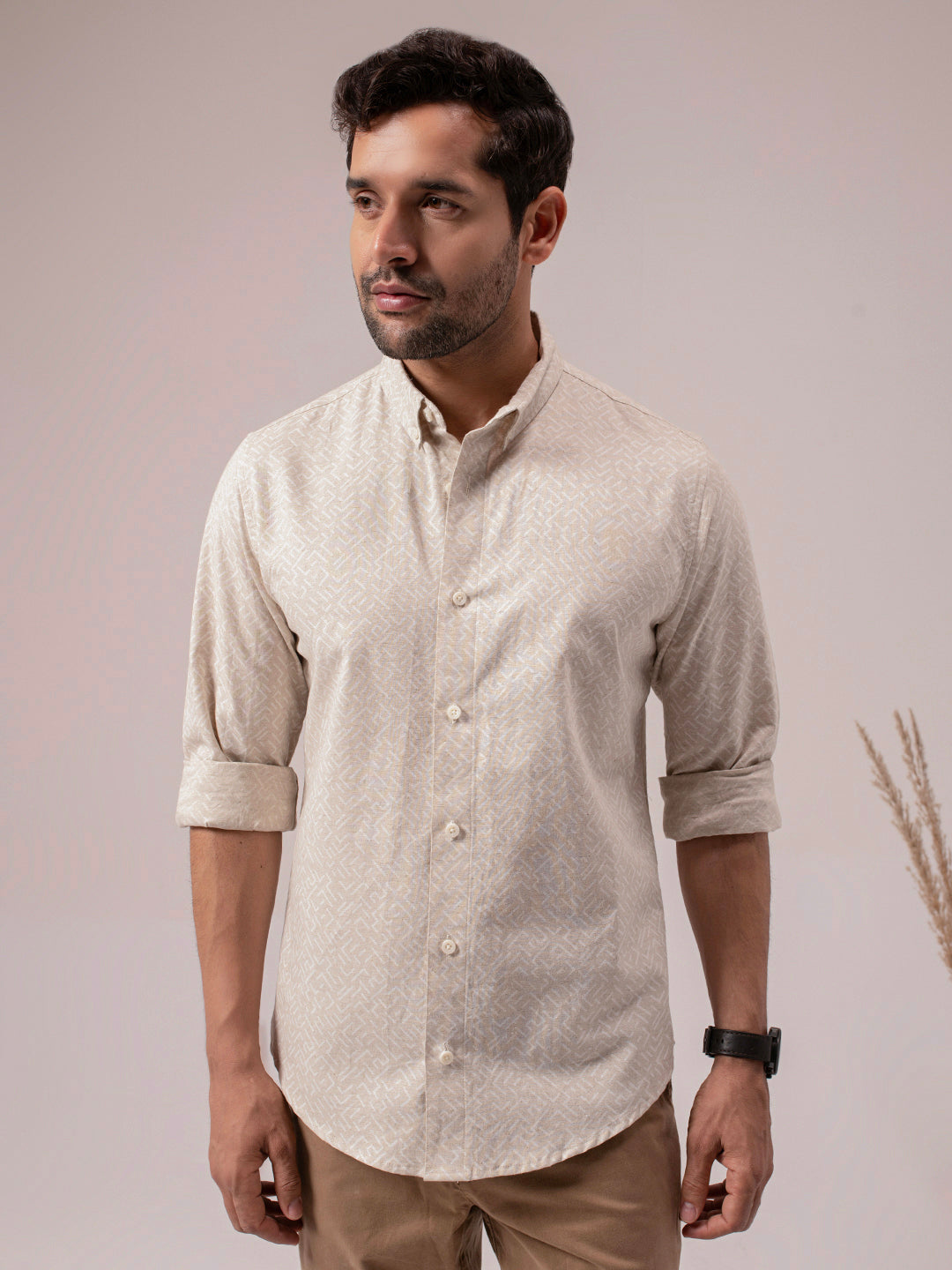 1_2_be5c9443-3a8f-4586-9303-d569a4a32c02.jpg Beige Abstract Print Linen Cotton Artistic Casual Shirt - Image 1