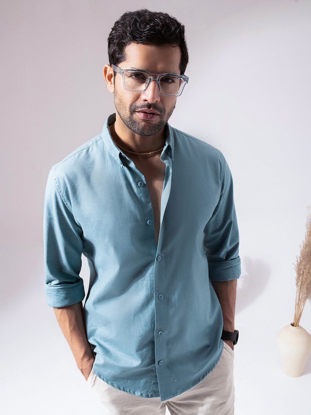 1_2_f8afe390-4671-4bb7-99a7-d4201d09a672.jpg Aqua Blue Pre-Washed Linen Blend Breezy Summer Casual Shirt - Image 1