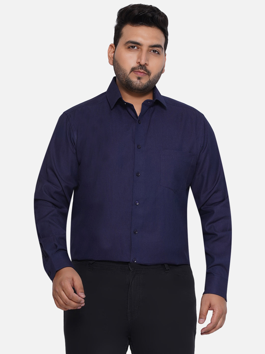 1_56115f46-4751-4b52-aa32-156f77b5fb1b.jpg Plus Size Men Comfort Fit Navy Blue Solid Pure Cotton Shirt - Image 1