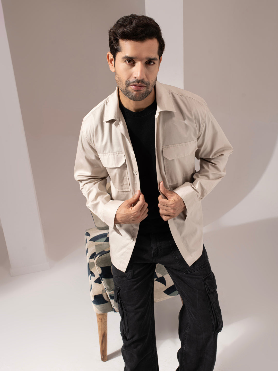 1_5_74a7d180-cf65-4a12-bd1c-48ce26edc48f.jpg Beige Utility Box Fit Fashion Overshirt Style Shacket - Image 1