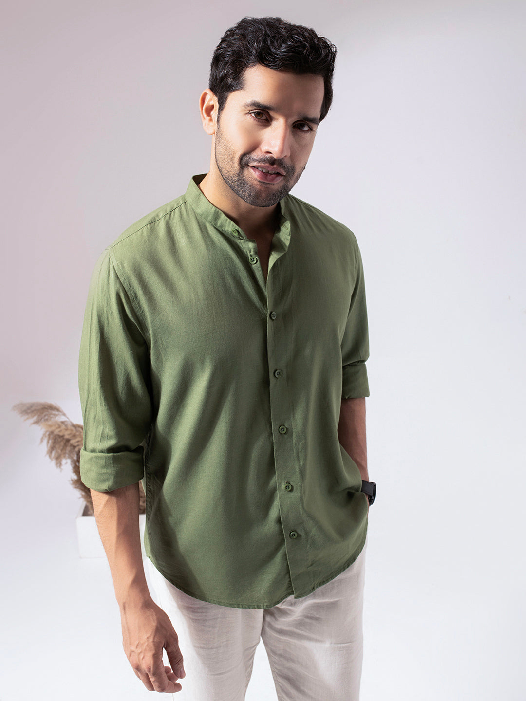1_5_8006fc43-a9b0-4131-8883-0677e66cdf61.jpg Green Band Collar Linen Blend Minimal Casual Shirt - Image 1