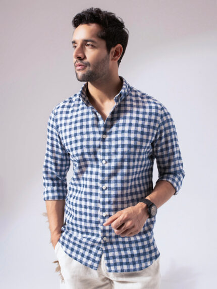 Blue Checkered Pre-Washed Linen Blend Smart Casual Shirt for Men