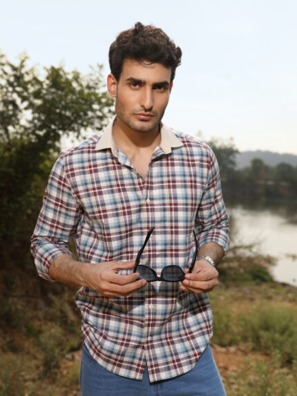 Red Checkered Cotton Shirt with Stylish Contrast Collar