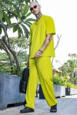 Unisex Lime Green Textured Oversized V-Neck Tee & Trackpant Co-ord Set - Image 2