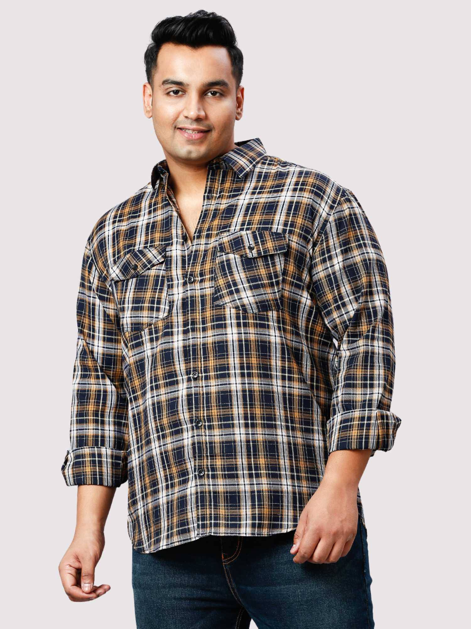 32.jpg Brown and Grey Check Double Pocket Men Plus Size Shirt - Image 1