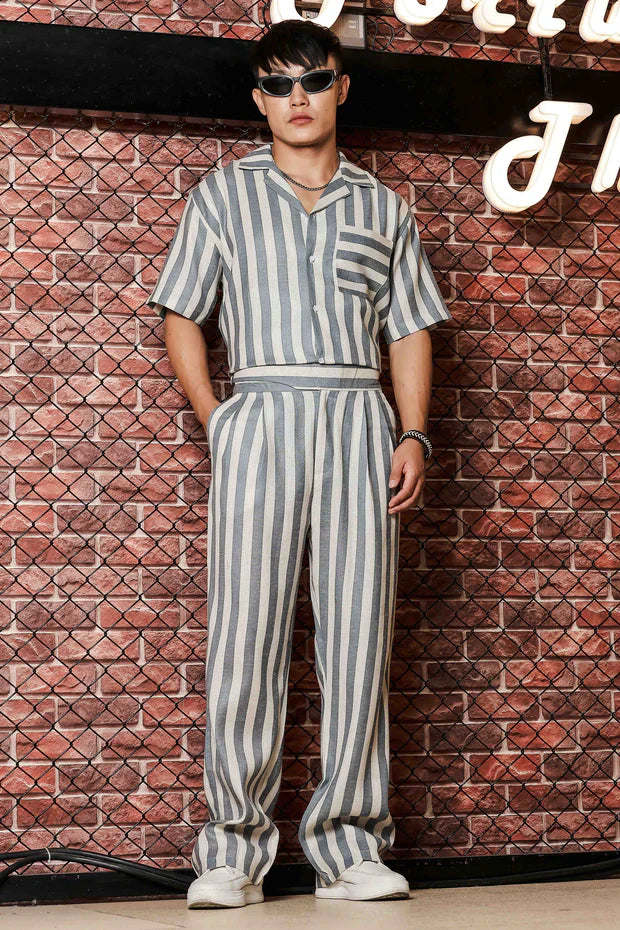 5_e9a78ab0-4587-47d4-8c10-d4557f7b7022.jpg Blue & White Linen Blend Casual Relaxed Fit Short Sleeve Shirt & Gurkha Pants Co-Ord Set - Image 1