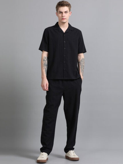 Men Textured Cotton Seersucker Resort Shirt & Trouser Co Ord Set