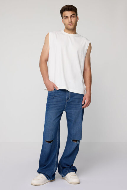 Vintage Blue Distressed Knee-Slit Baggy Jeans