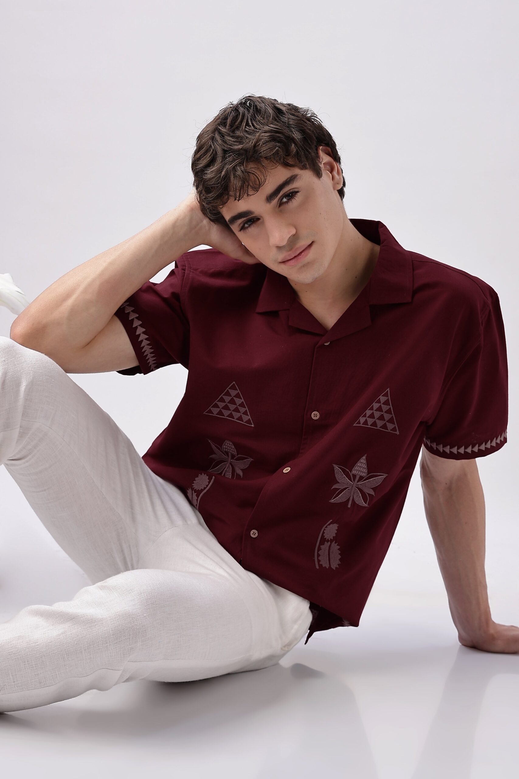 9_1a5d527f-7ab4-4ab5-9c33-32ed0a618048-scaled-1.jpg Temple Trail Maroon Cultural Motif Embroidered Shirt - Image 1