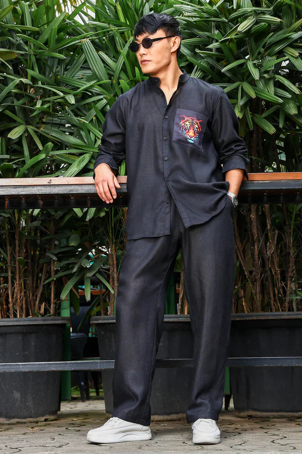 BD0A2302.jpg Black Linen Blend Casual Relaxed Fit Mandarin Collar Shirt & All Day Pants Co-Ord Set - Image 1