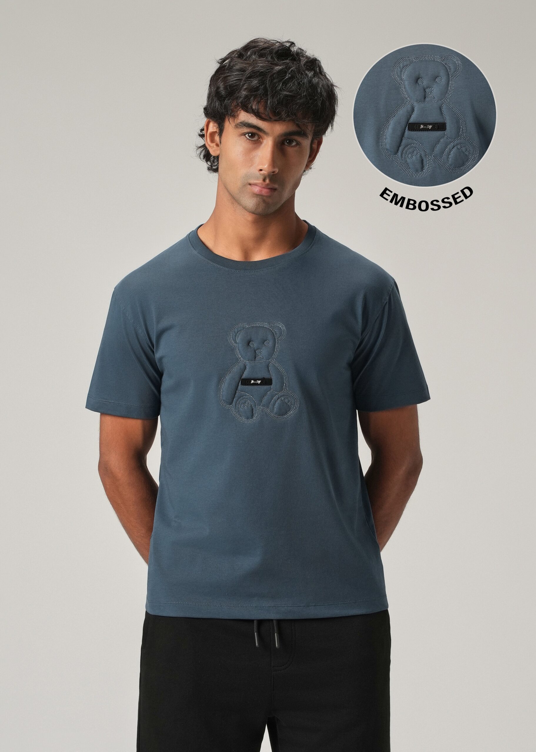 Blue_Embossed_Slim_Fit_T-Shirt_5-scaled-1.jpg Blue Embossed Slim Fit Cotton T Shirt - Image 1