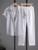 Brown Lining On White Mens Full Set Trouser And Shirt Half Sleeves