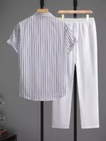 Brown Lining On White Mens Full Set Trouser And Shirt Half Sleeves - Image 2