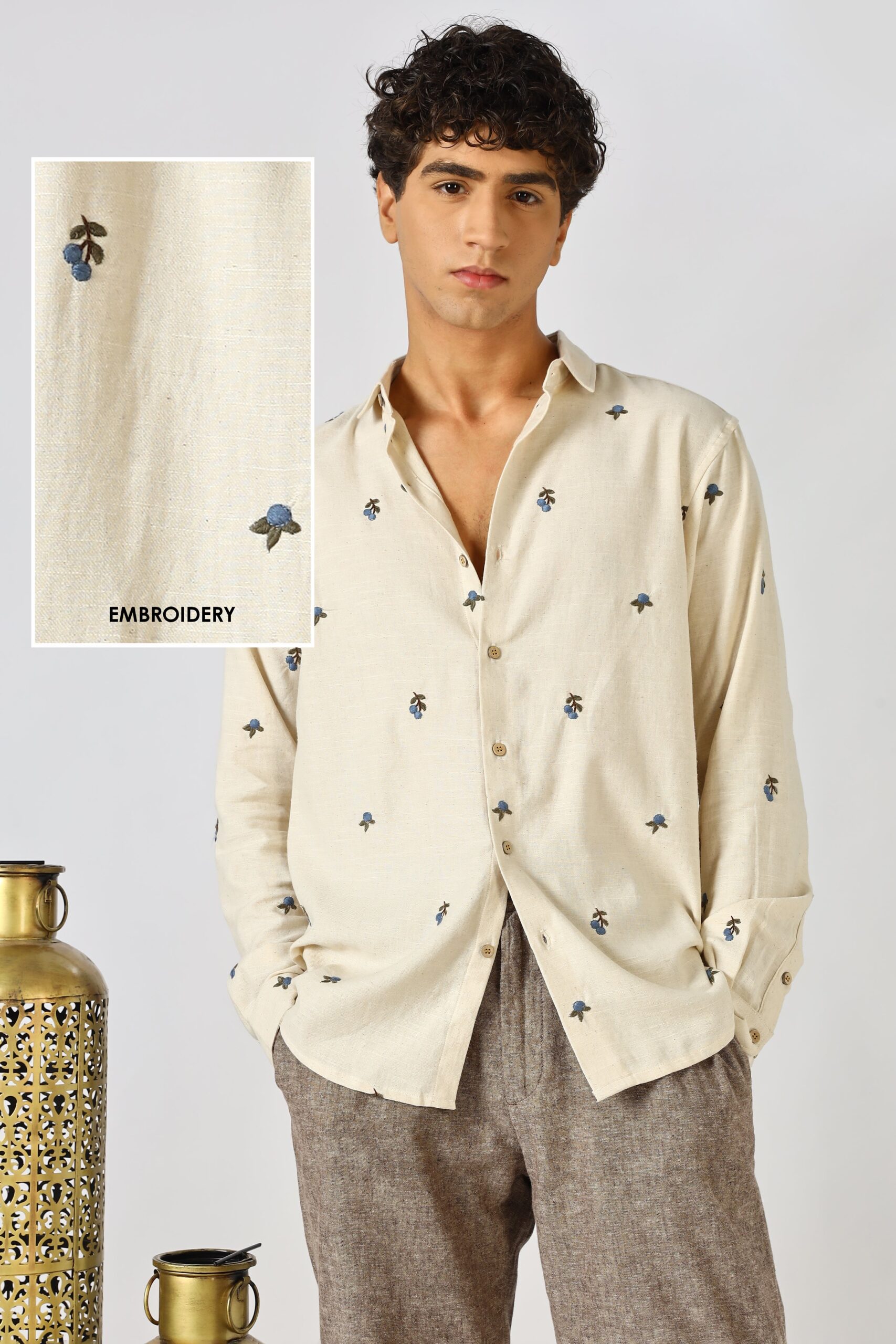 CSP0308-0-scaled-1.jpg Blueberry Beige Cotton Regular Fit Subtle Embroidered Shirt - Image 1