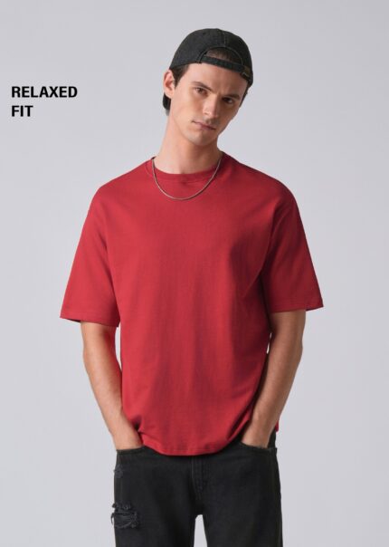 Crimson Red Basic Relaxed Fit Cotton T Shirt