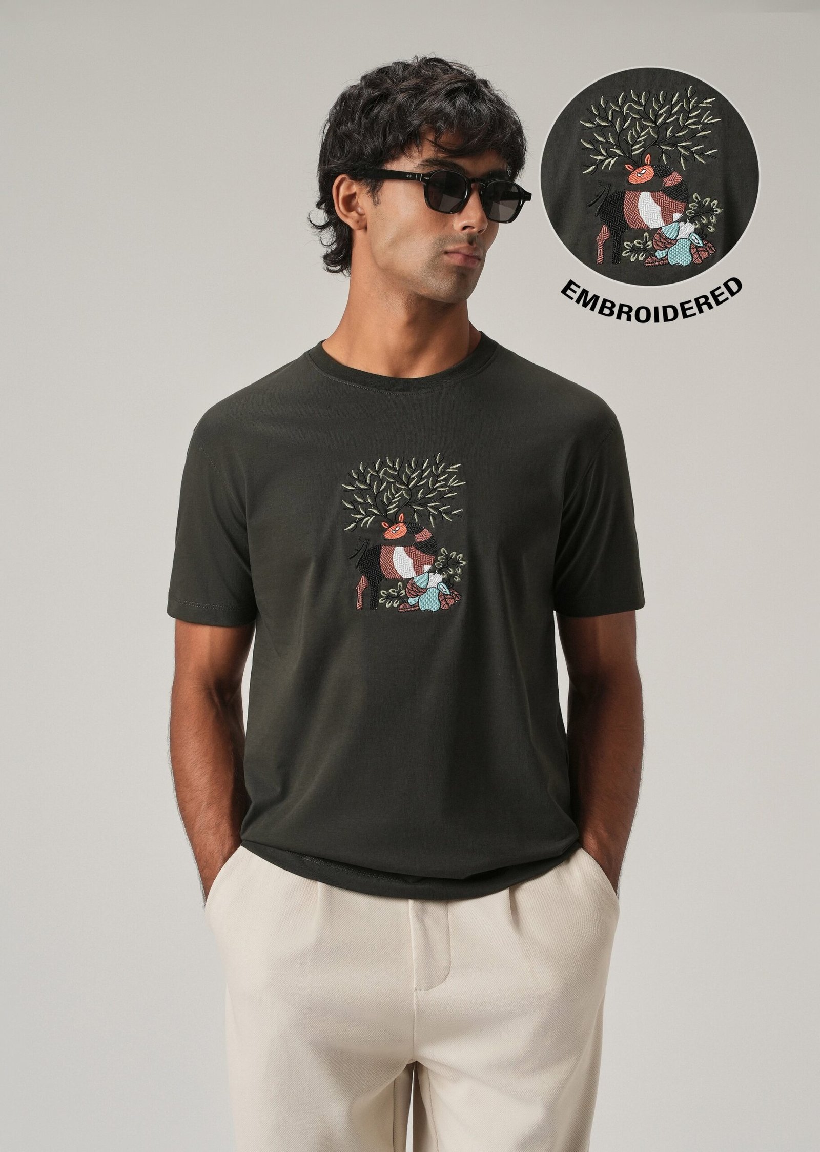 Dark_Olive_Chest_Embroidered_T-Shirt_5-scaled-1.jpg Dark Olive Chest Embroidered Slim Fit Cotton T Shirt - Image 1
