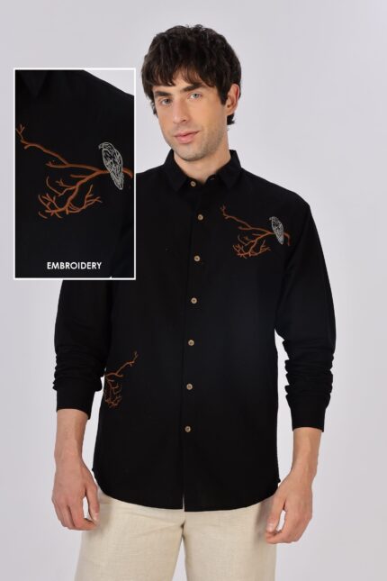 Shadow Grove Owl Motif Embroidered Nature Casual Shirt