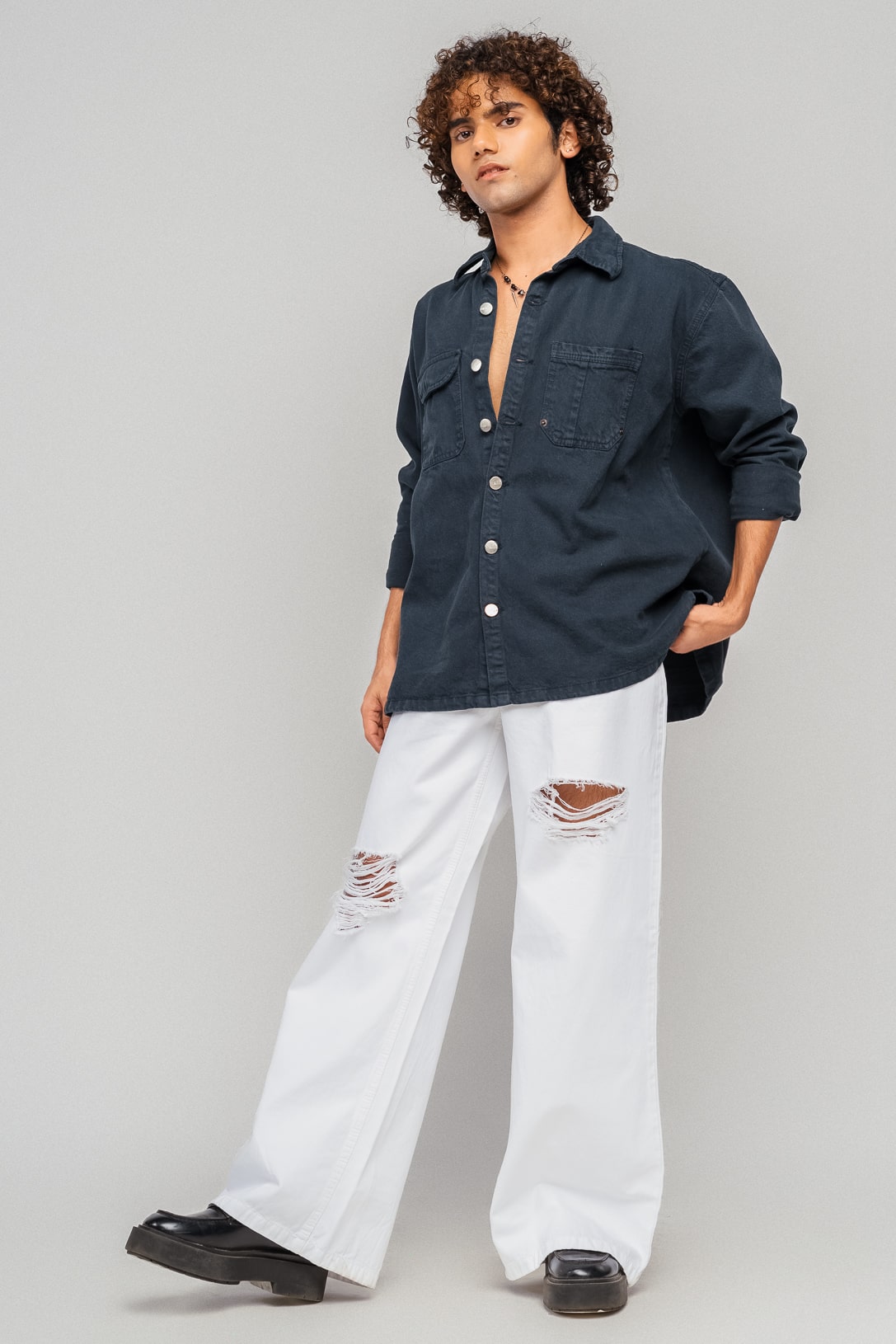 FreakinsMenswear-36-min.jpg White Vintage Distressed Statement Wide-Fit Denim Jeans - Image 1