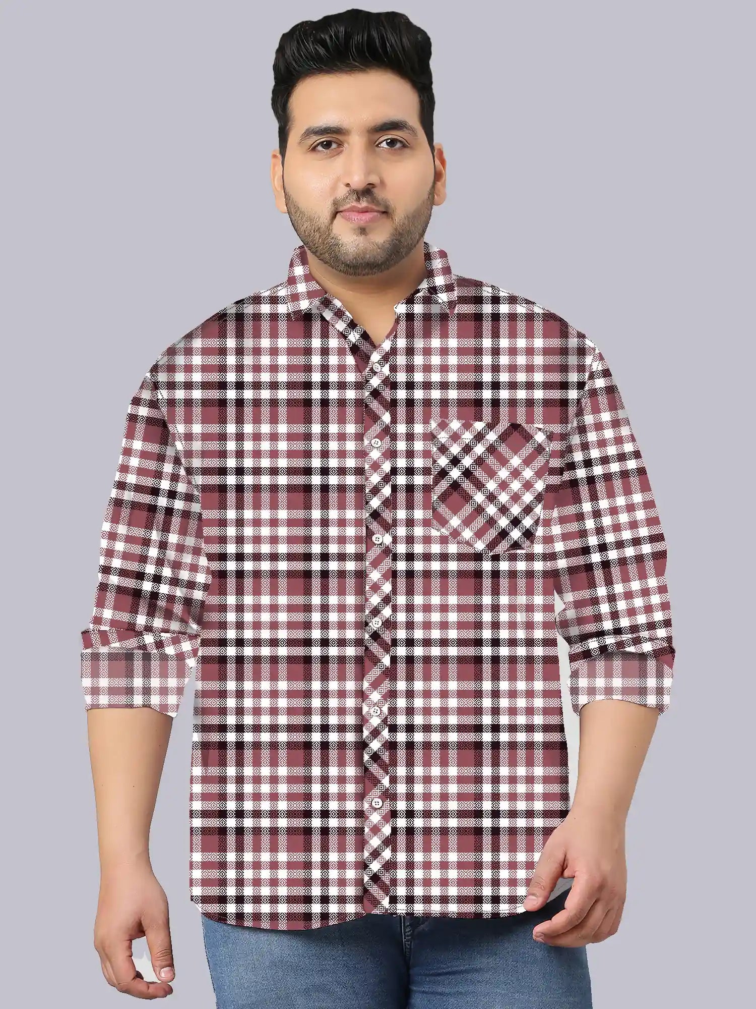 GFCDPF-4016-MagentaandBlackChecks-F.jpg Magenta and Black Check Design Men Plus Size Shirt - Image 1