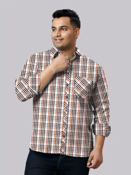 Orange and Black Bold Check Men Plus Size Cotton Shirt