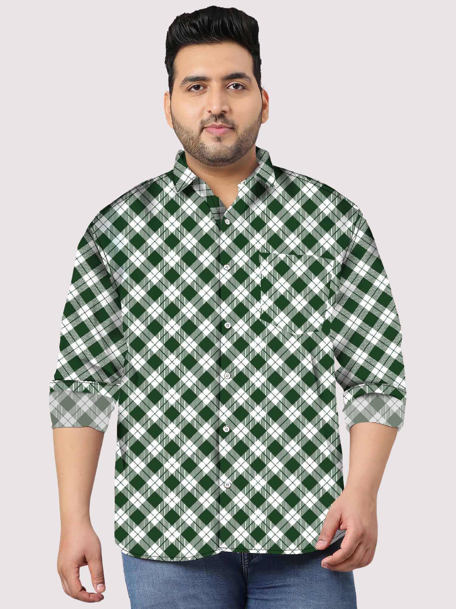 Green_and_white_Checker_Digital_Printed_Men_s_Plus_Size.jpg Green and White Small Check Men Plus Size Cotton Shirt - Image 1