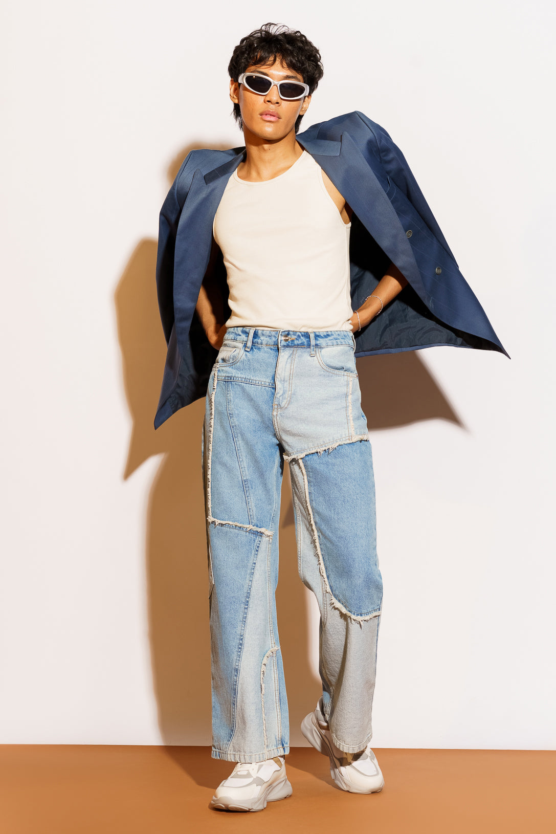 Mens400475-Edit_18d1198d-2c97-4da5-8cd3-0ff0beef35cd.jpg Blue Frayed Panel Contemporary Straight-Fit Denim Jeans - Image 1