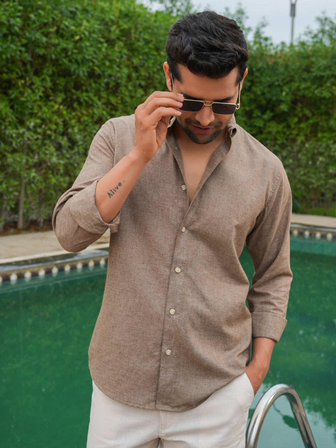 NLSOBN035_1.jpg Brown Natural Texture Slim Fit Linen Cotton Premium Shirt - Image 1