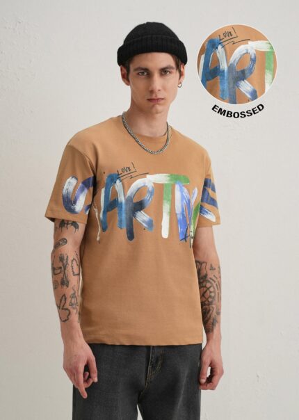 Tan Textured Print Cotton T Shirt