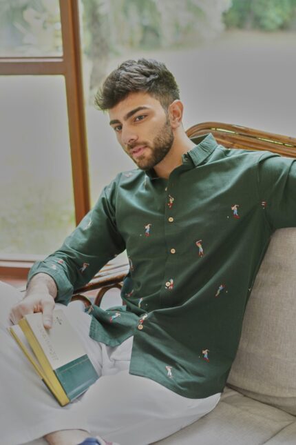Green Golf Player Motif Embroidered Shirt