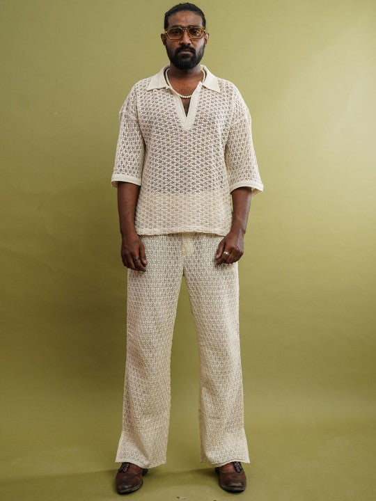 a8a7556c-124c-4f34-a464-637ba6a4a8dc1734581075257BODOSET1.jpg Off White Self Design Shirt Collar T-Shirt & Trouser Set - Image 1
