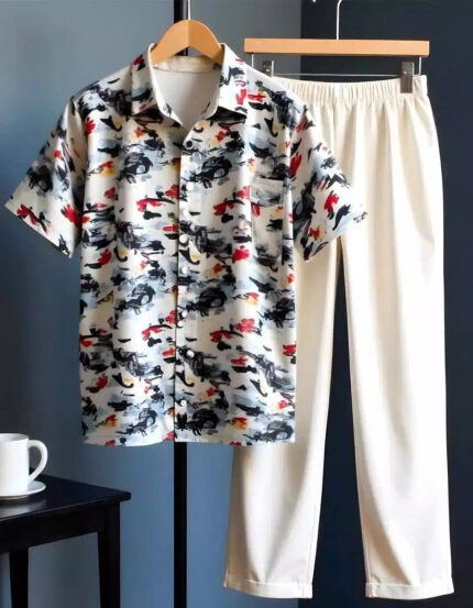Classy Floral Mens Full Set Trouser And Shirt Half Sleeves