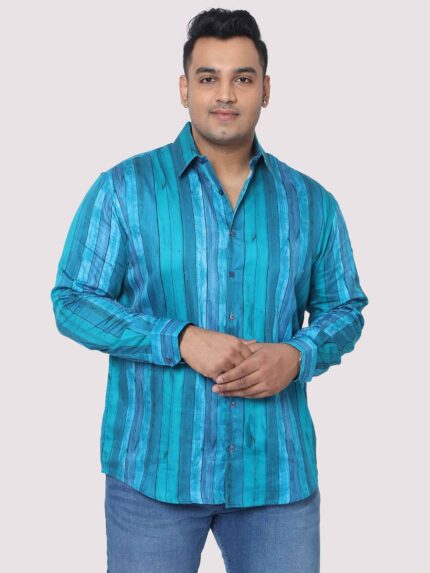 Deep Blue Striped Digital Print Men Plus Size Shirt