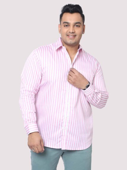 Pink and White Striped Digital Print Men Plus Size Shirt