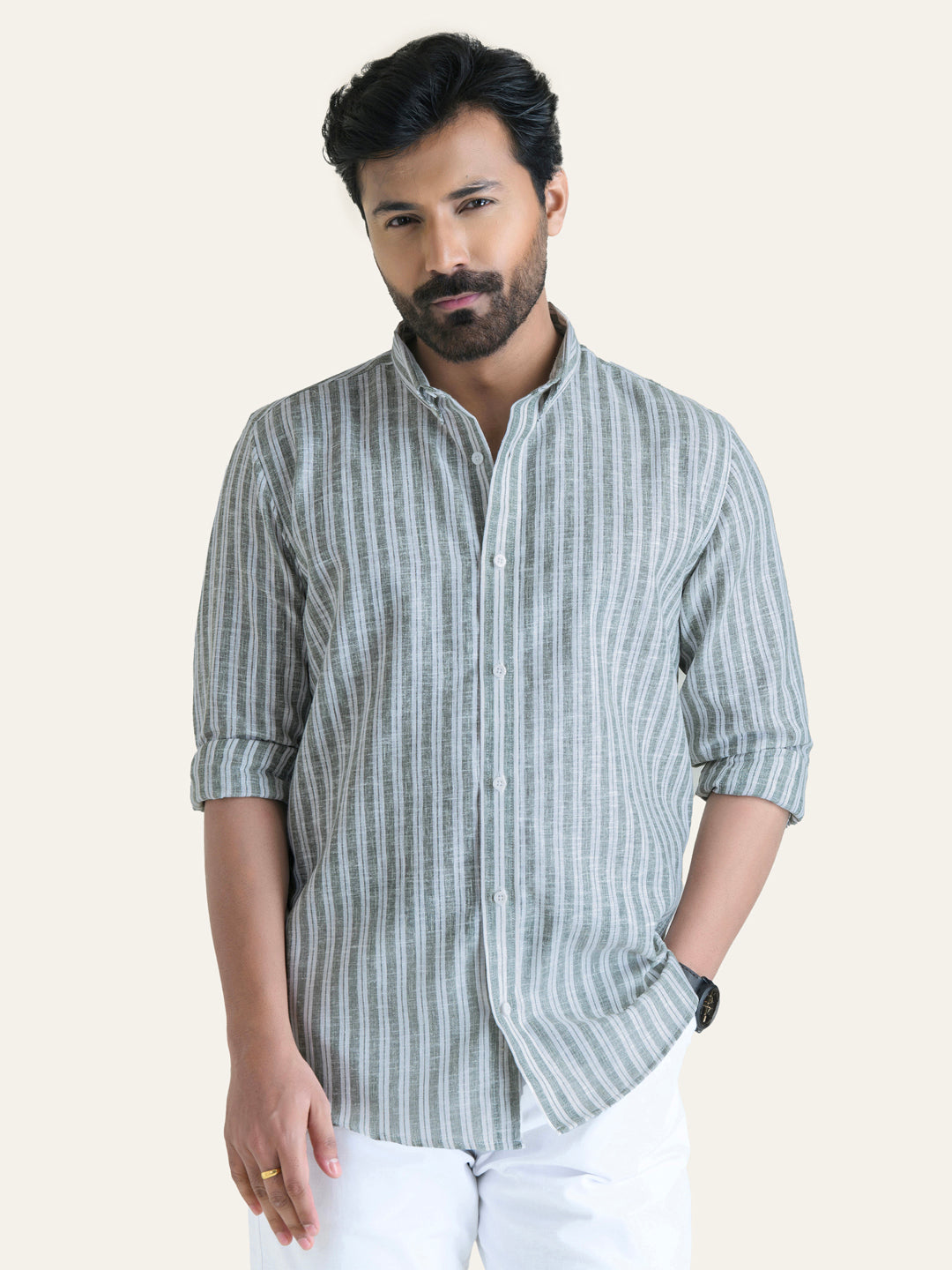 shrey63212.jpg Green Striped Slim Fit Linen Cotton Smart Casual Shirt - Image 1
