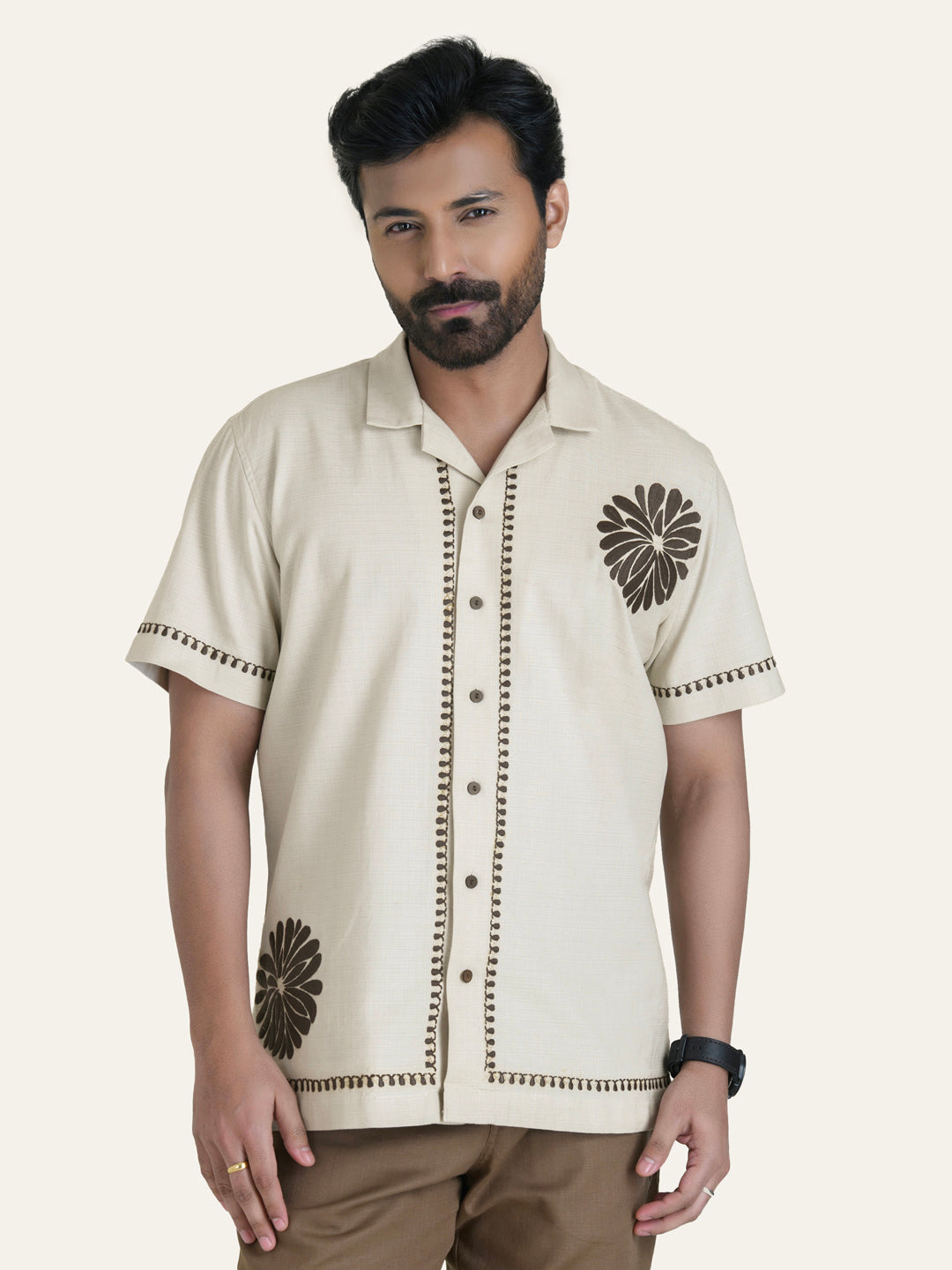 shrey63691.jpg Beige Embroidered Linen Subtle Luxury Casual Shirt - Image 1